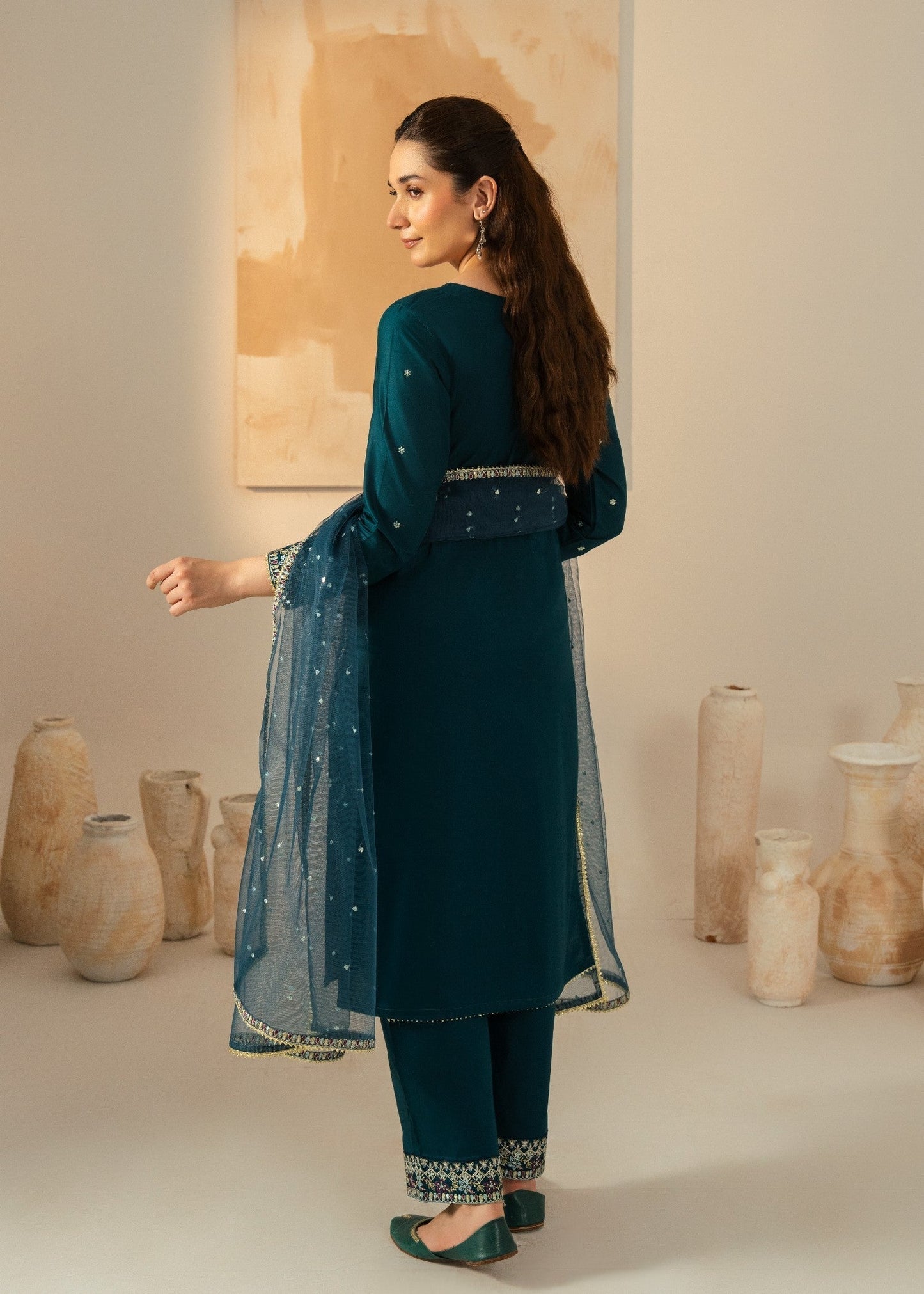 Dhanak-3PC Embroidered Shirt with Chiffon Embroidered Dupatta - 3531