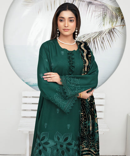 Dhanak 3PC Chikankari Embroidered Shirt With Velvet Plachi Shawl- 2110