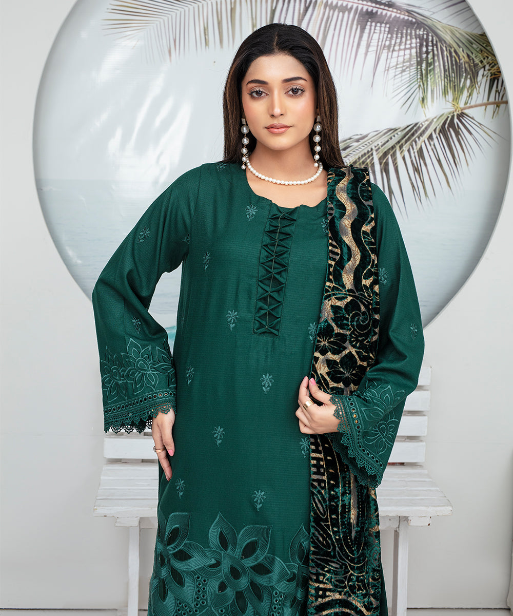 Dhanak 3PC Chikankari Embroidered Shirt With Velvet Plachi Shawl- 2110